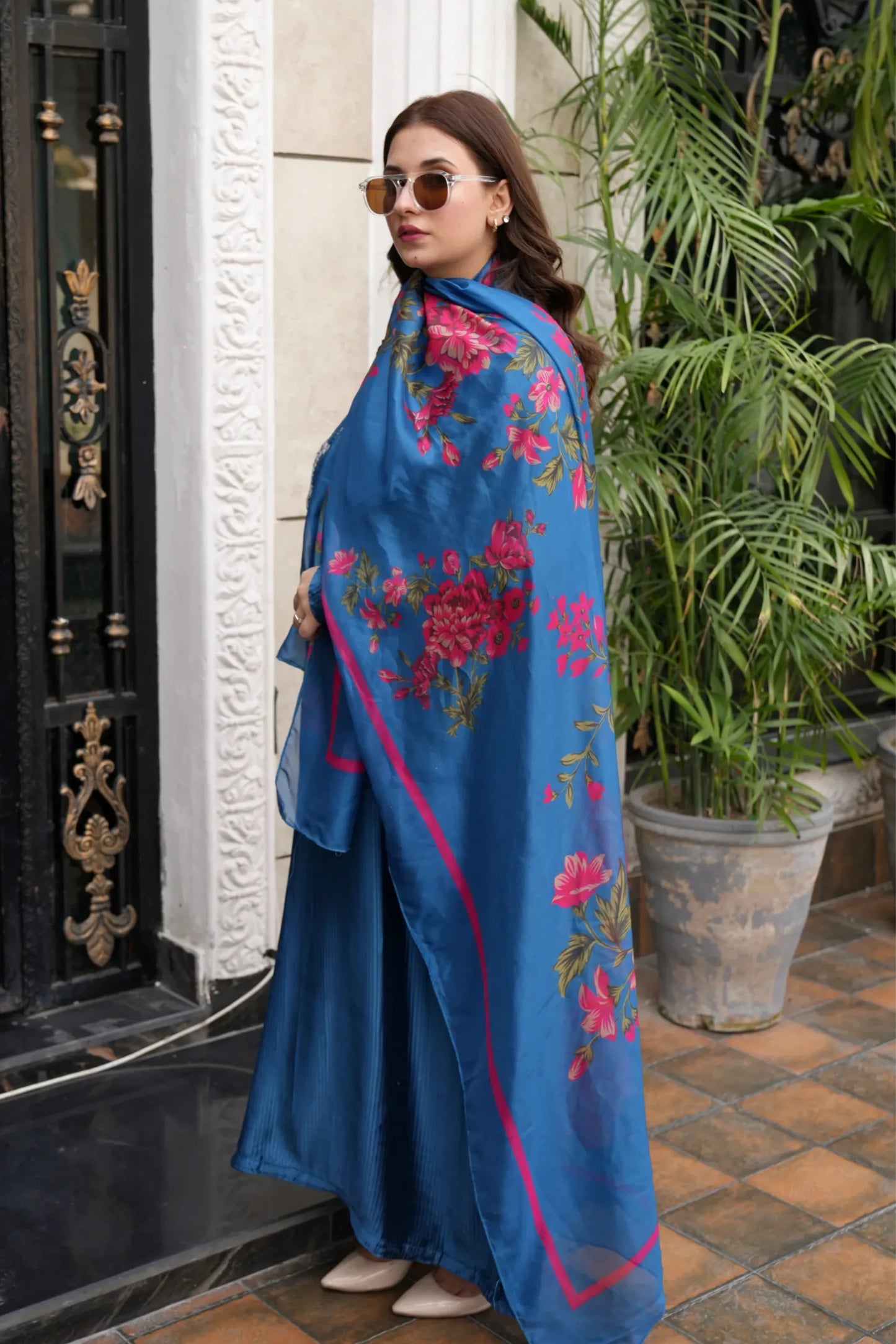 Tailored 2 Piece
Embroidered Zinc Blue Silk