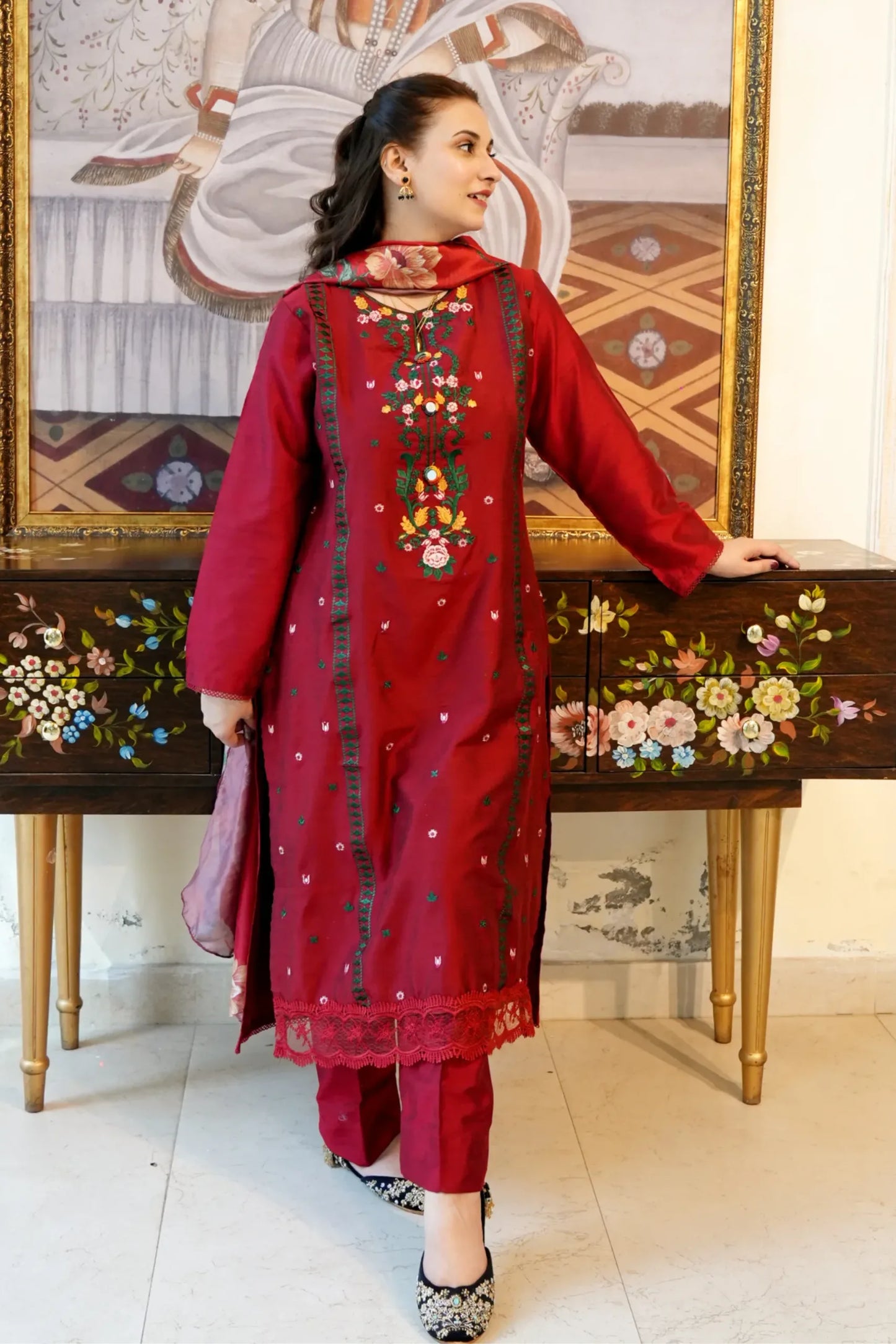 Tailored 3 Piece Embroidered Rosemary Red Lawn