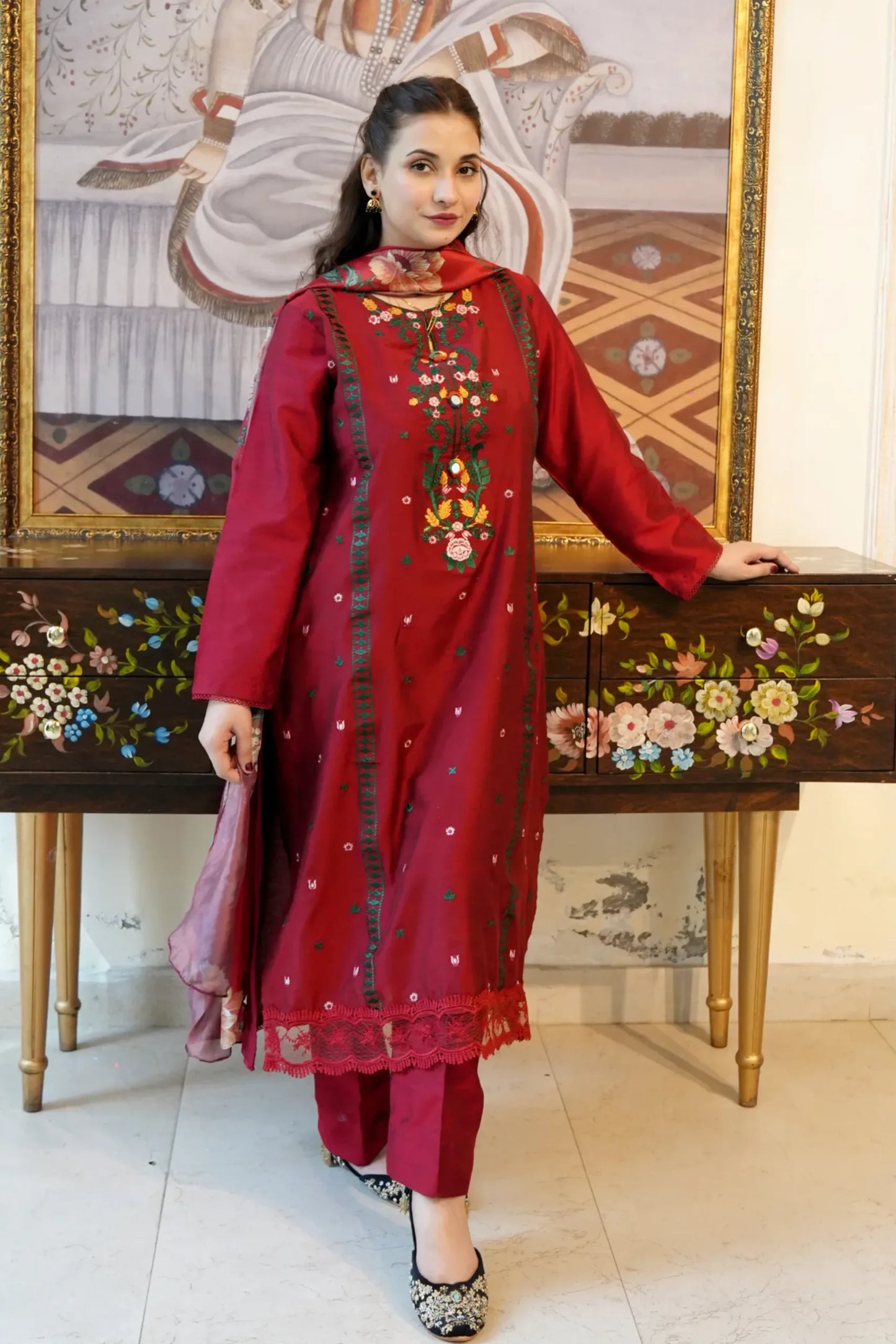 Tailored 3 Piece Embroidered Rosemary Red Lawn