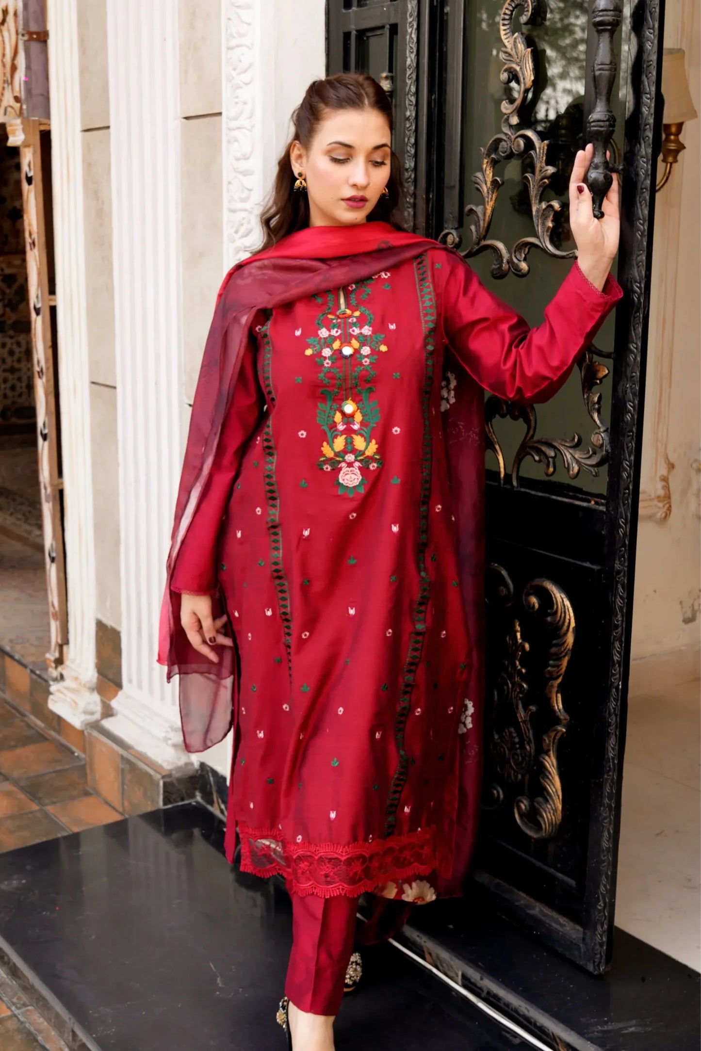 Tailored 3 Piece Embroidered Rosemary Red Lawn