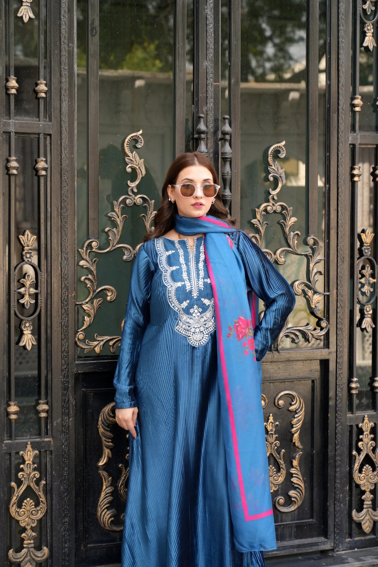 Tailored 2 Piece
Embroidered Zinc Blue Silk