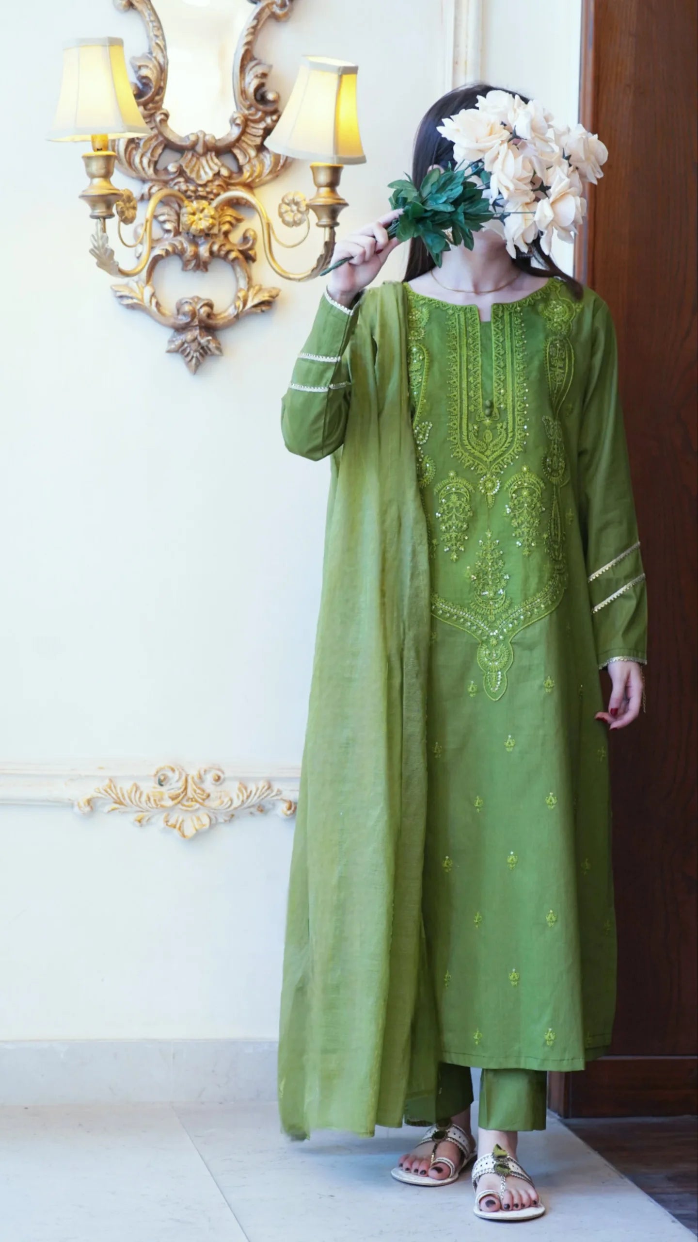 Tailored 3 Piece Embroidered Green Lawn
