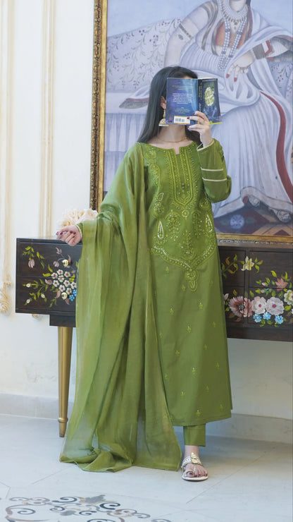 Tailored 3 Piece Embroidered Green Lawn