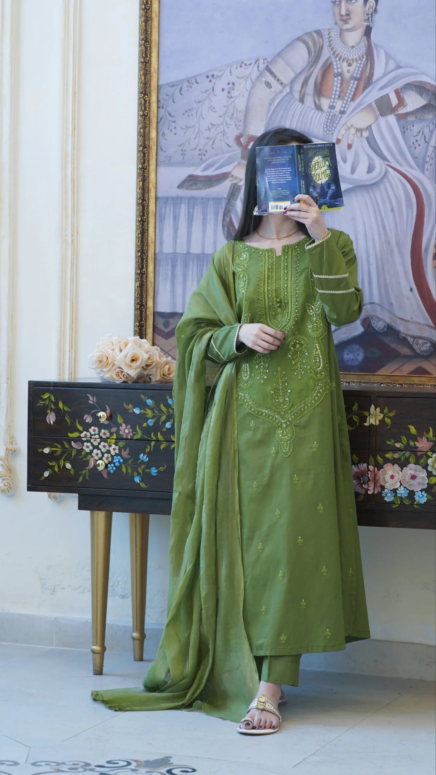 Tailored 3 Piece Embroidered Green Lawn