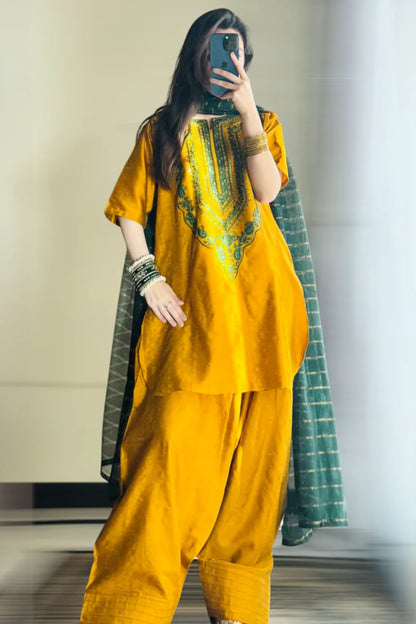 Tailored 3 Piece Embroidered Mustard Farshi Shalwar
