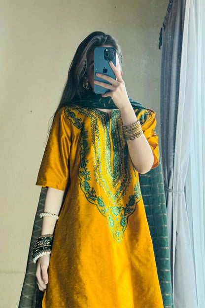 Tailored 3 Piece Embroidered Mustard Farshi Shalwar