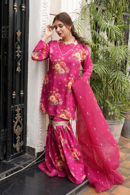 Tailored 3 Piece Embroidered Pink Gharara