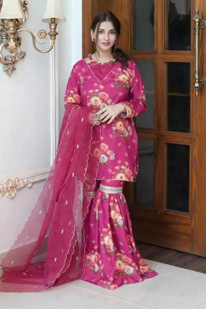 Tailored 3 Piece Embroidered Pink Gharara