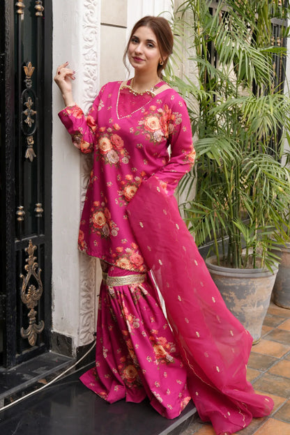 Tailored 3 Piece Embroidered Pink Gharara