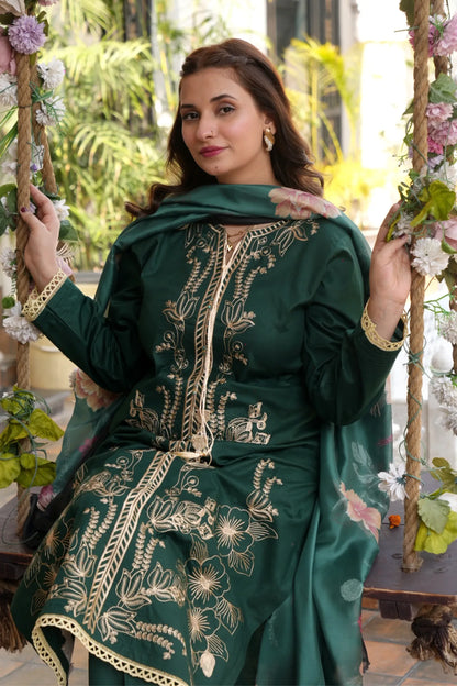 Tailored 3 Piece Embroidered Bottle Green Lawn