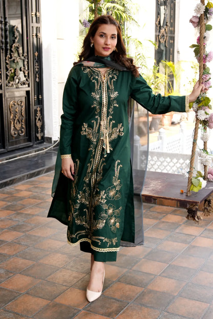 Tailored 3 Piece Embroidered Bottle Green Lawn