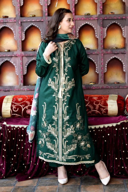 Tailored 3 Piece Embroidered Bottle Green Lawn