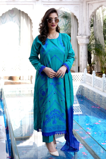 Tailored 3 Piece Embroidered Teal Blue Lawn