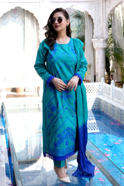 Tailored 3 Piece Embroidered Teal Blue Lawn
