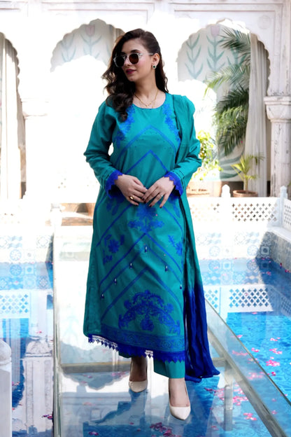 Tailored 3 Piece Embroidered Teal Blue Lawn