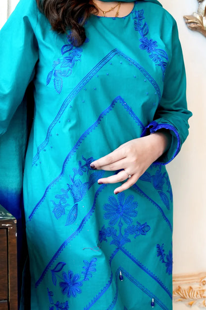 Tailored 3 Piece Embroidered Teal Blue Lawn
