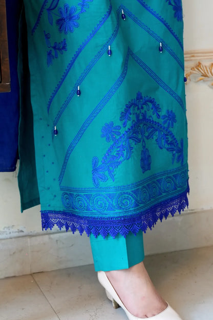 Tailored 3 Piece Embroidered Teal Blue Lawn