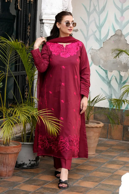 Tailored 3 Piece Embroidered Maroon Lawn