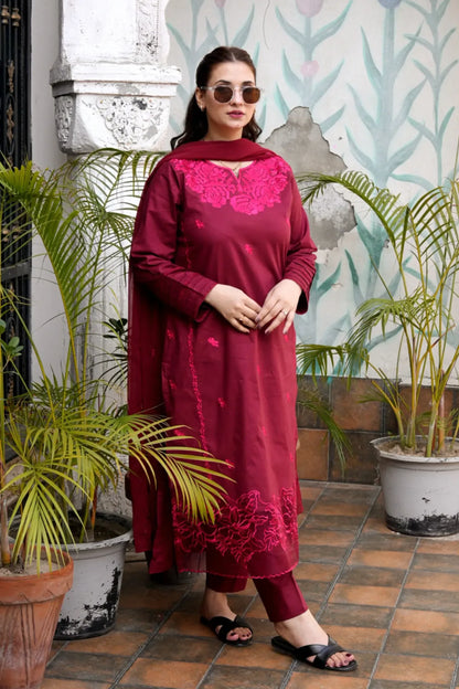 Tailored 3 Piece Embroidered Maroon Lawn