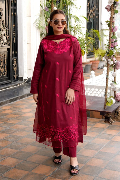 Tailored 3 Piece Embroidered Maroon Lawn