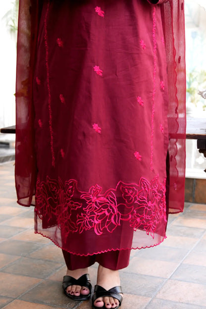 Tailored 3 Piece Embroidered Maroon Lawn