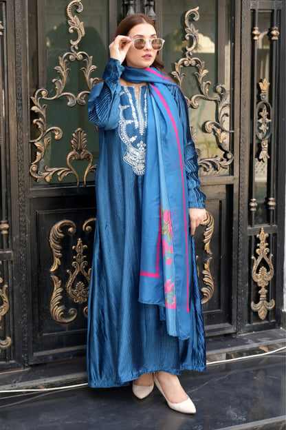 Tailored 2 Piece
Embroidered Zinc Blue Silk