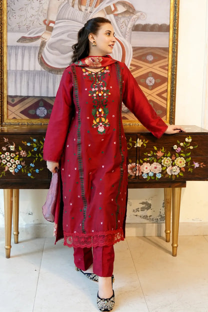 Tailored 3 Piece Embroidered Rosemary Red Lawn