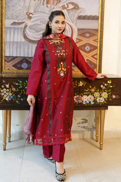 Tailored 3 Piece Embroidered Rosemary Red Lawn