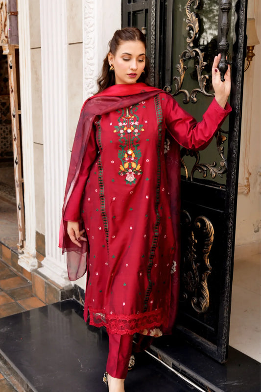 Tailored 3 Piece Embroidered Rosemary Red Lawn