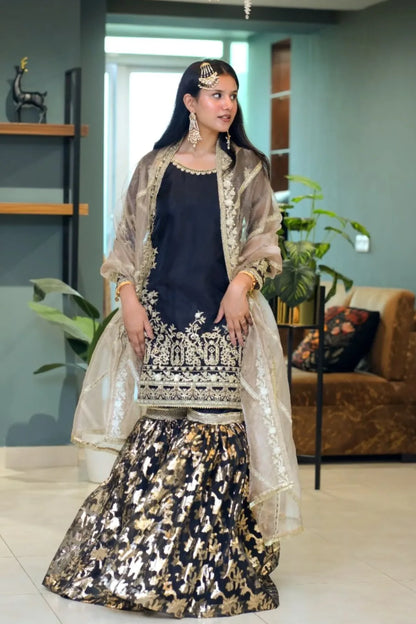 Tailored 3 Piece Embroidered Black Gharara - Rhea