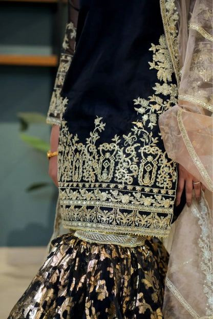 Tailored 3 Piece Embroidered Black Gharara - Rhea