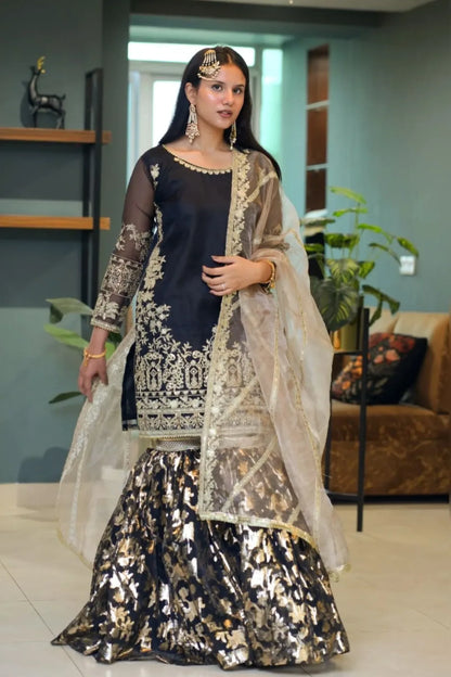 Tailored 3 Piece Embroidered Black Gharara - Rhea