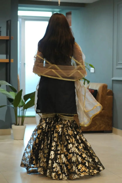 Tailored 3 Piece Embroidered Black Gharara - Rhea