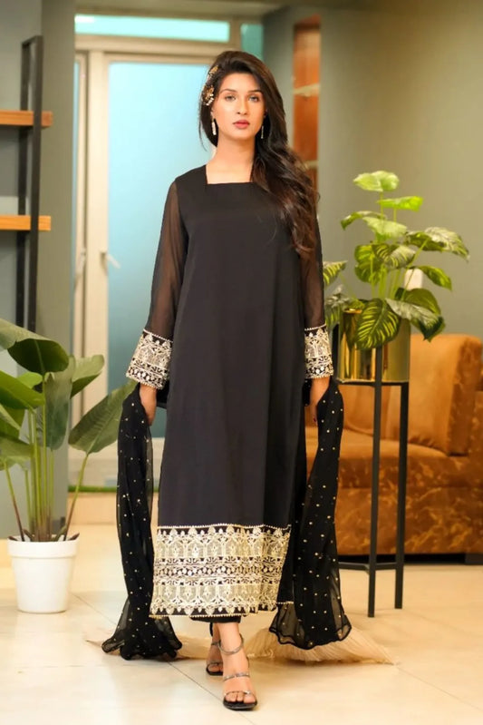 Tailored 3 Piece Embroidered Black Chiffon - Thalia