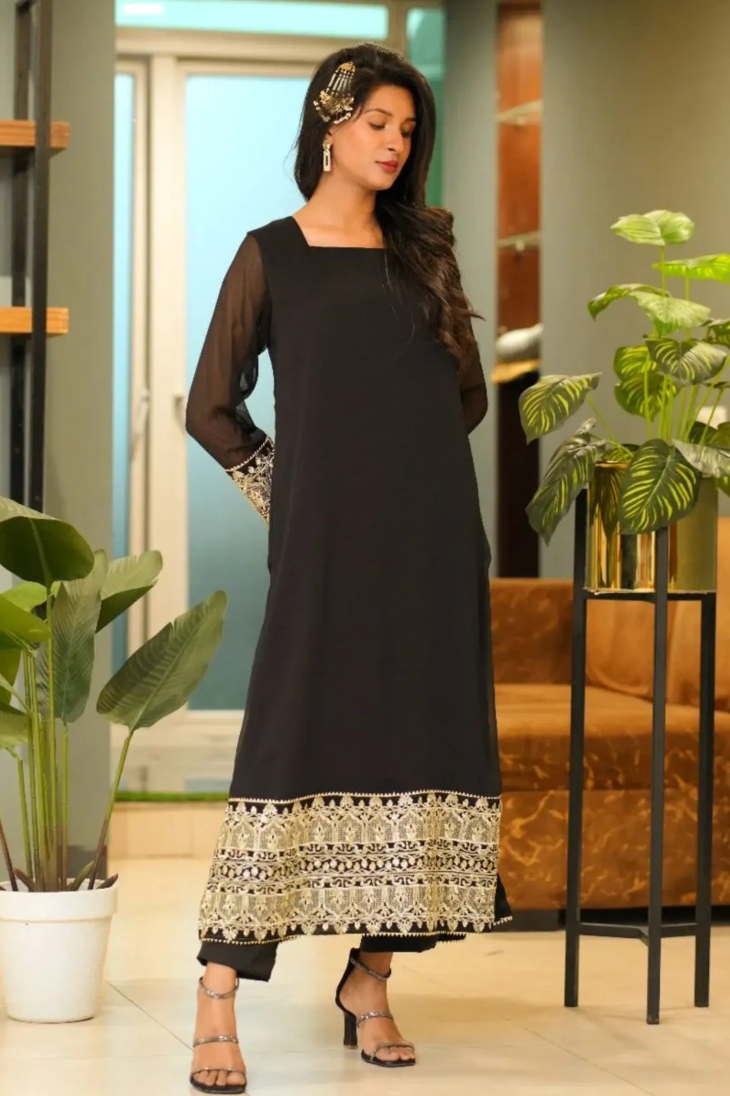 Tailored 3 Piece Embroidered Black Chiffon - Thalia