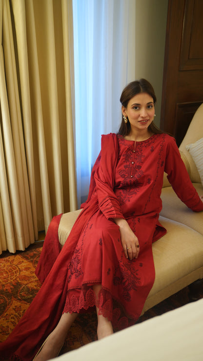 RedTailored 3 Piece Embroidered Pure cotton Lawn
