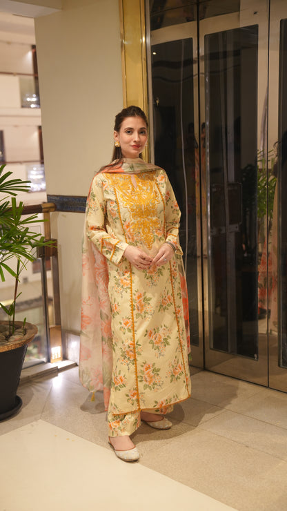 Lemon Tailored 3 Piece Embroidered Pure Lawn