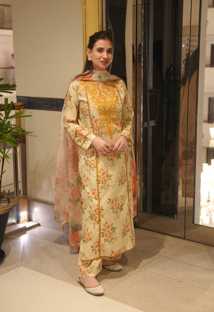 Lemon Tailored 3 Piece Embroidered Pure Lawn