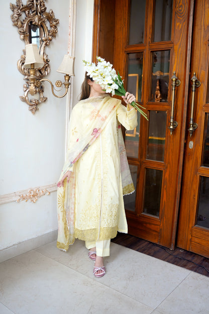 BUTTER YELLOW LUXURY PRINTED EMBROIDERED LAWN SET