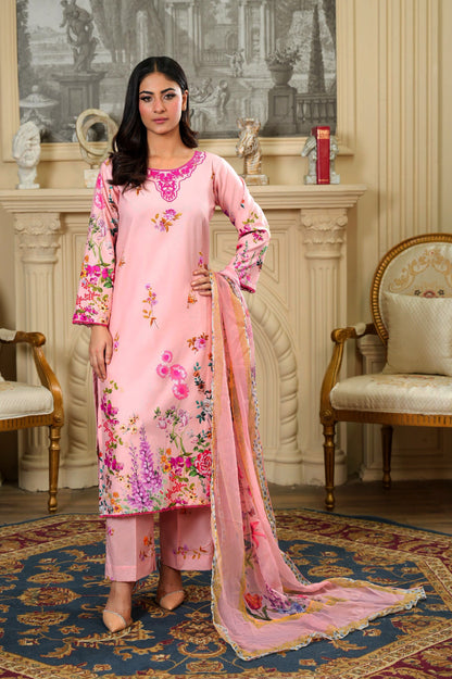 PINK FLORAL Tailored 3 Piece Embroidered Pure Lawn