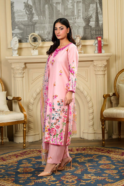 PINK FLORAL Tailored 3 Piece Embroidered Pure Lawn