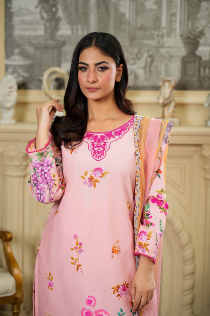 PINK FLORAL Tailored 3 Piece Embroidered Pure Lawn
