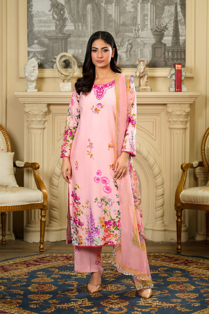 PINK FLORAL Tailored 3 Piece Embroidered Pure Lawn