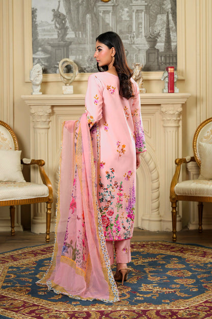 PINK FLORAL Tailored 3 Piece Embroidered Pure Lawn
