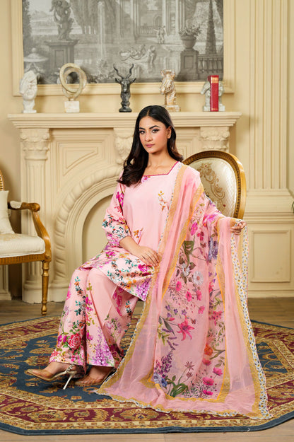Farshi Shalwar Pink Floral Tailored 3 Piece Pure Lawn
