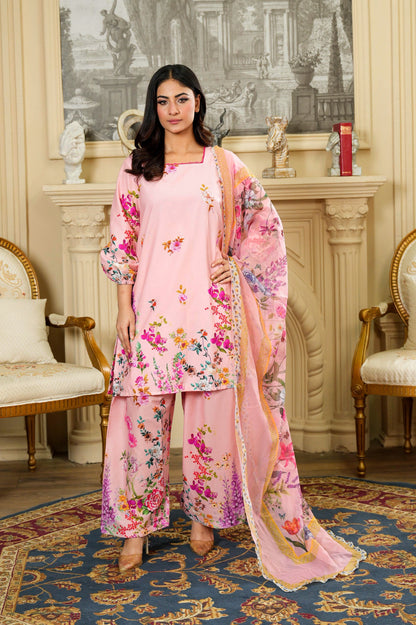 Farshi Shalwar Pink Floral Tailored 3 Piece Pure Lawn