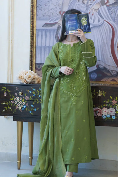 Tailored 3 Piece Embroidered Green Lawn