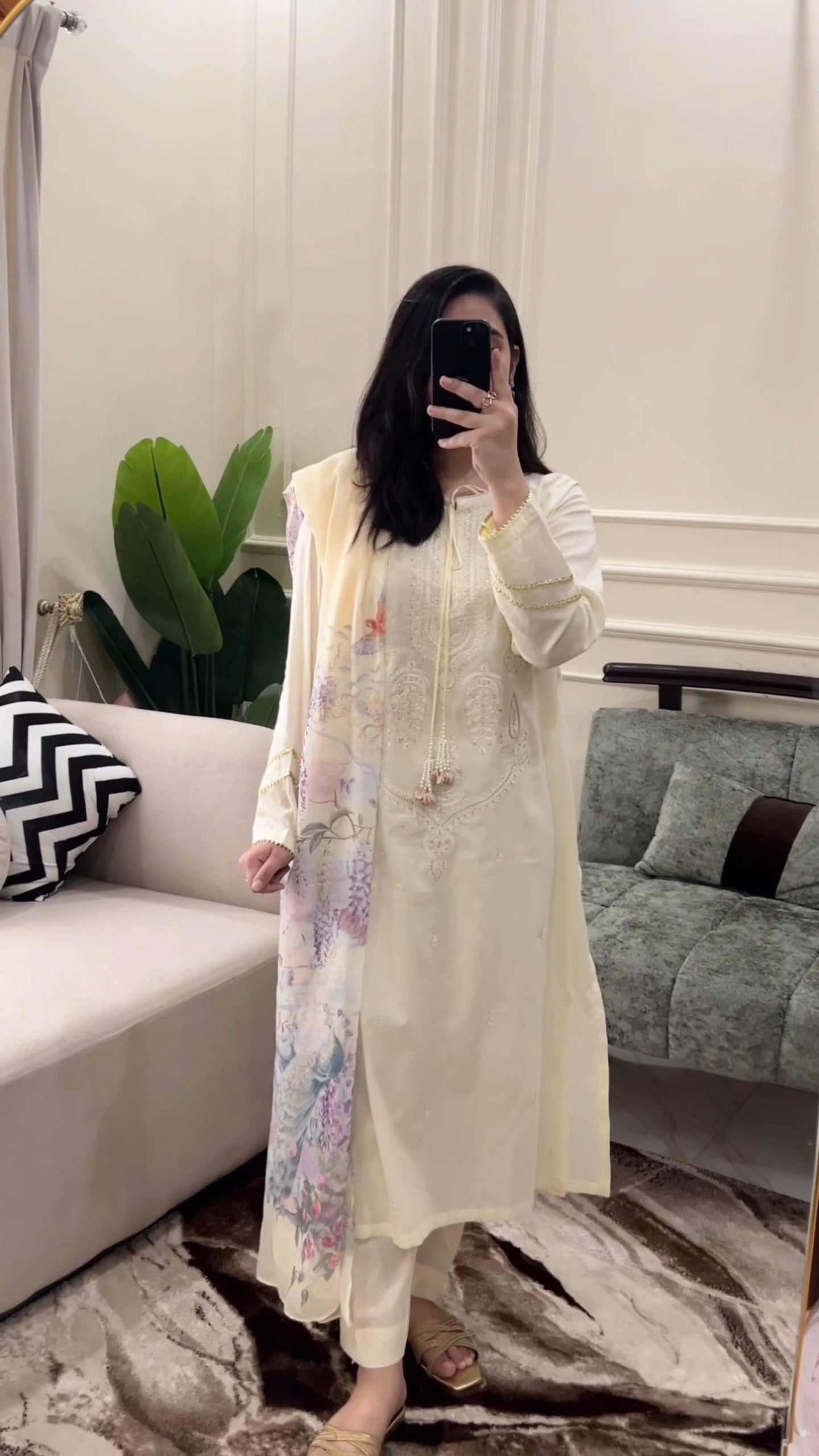 Tailored 3 Piece Embroidered offwhite Lawn