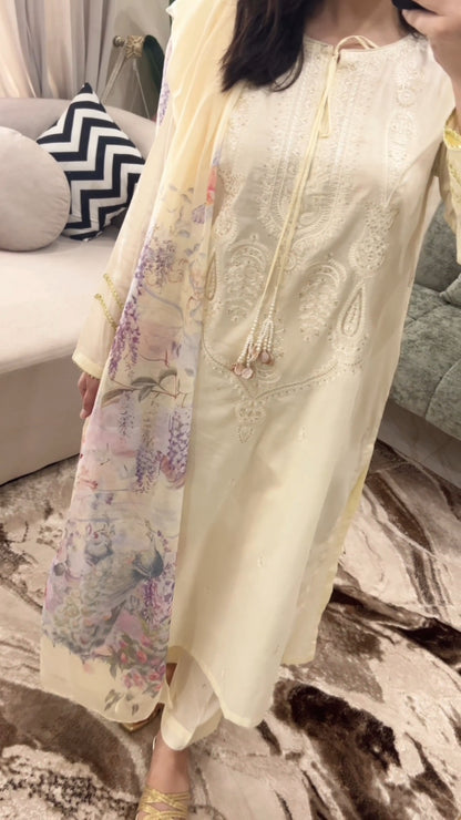 Tailored 3 Piece Embroidered offwhite Lawn