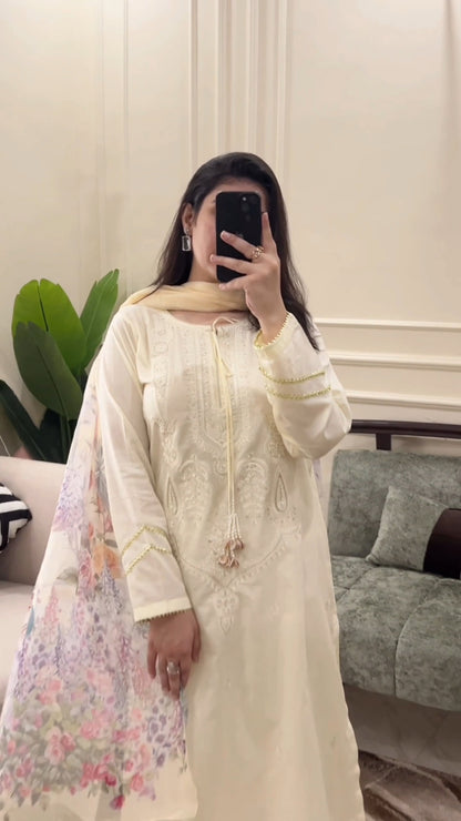 Tailored 3 Piece Embroidered offwhite Lawn